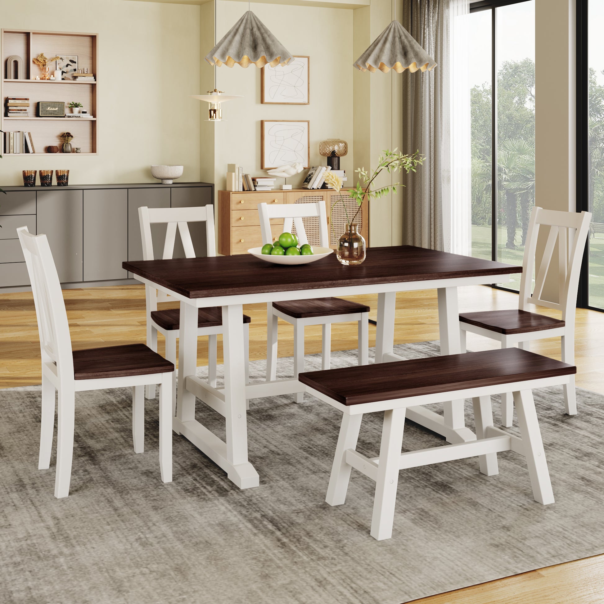 TOPMAX 6-Piece Wood Dining Table Set Kitchen Table Set with Long Bench and 4 Dining Chairs, Farmhouse Style, Espresso+White(old sku:SP000256)