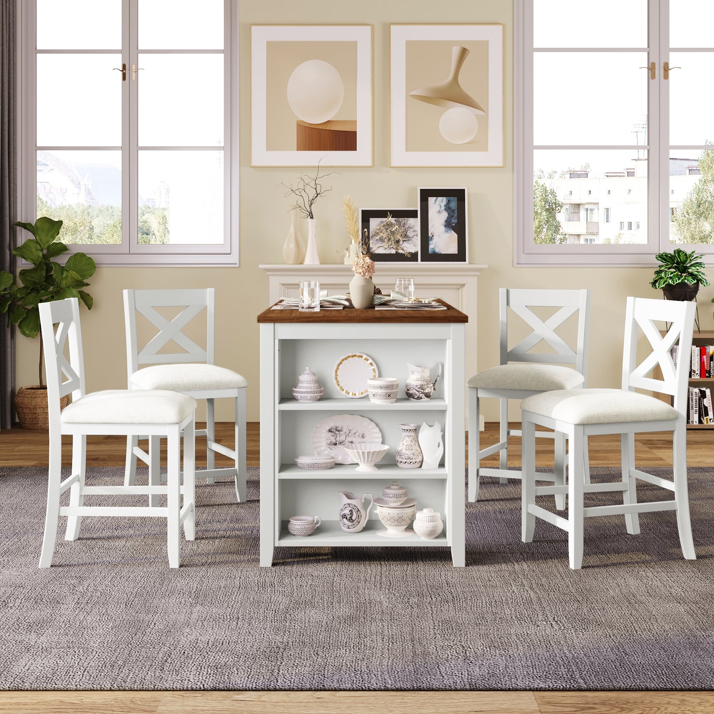 TOPMAX 5 Pieces Counter Height Rustic Farmhouse Dining Room Wooden Bar Table Set with 4 Chairs, White(old sku:SP011135AAK)