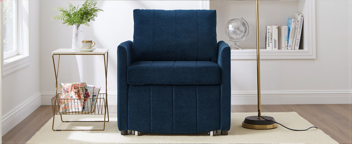 Living Room Blue Chenille Convertible Sofa Bed - 31.5" Pull Out Sleeper with Storage