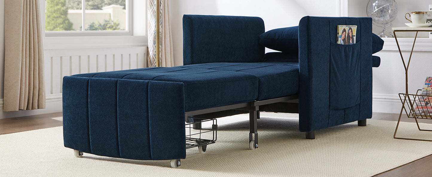 Living Room Blue Chenille Convertible Sofa Bed - 31.5" Pull Out Sleeper with Storage