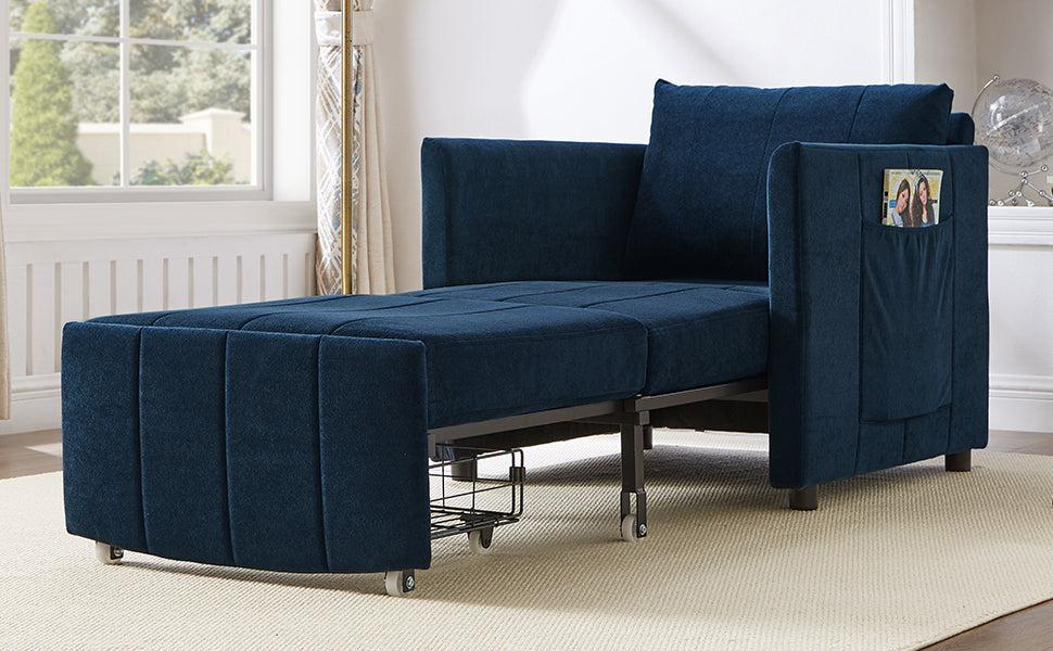 Living Room Blue Chenille Convertible Sofa Bed - 31.5" Pull Out Sleeper with Storage