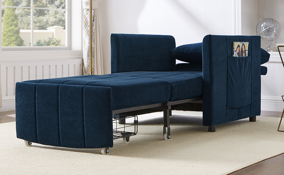 Living Room Blue Chenille Convertible Sofa Bed - 31.5" Pull Out Sleeper with Storage