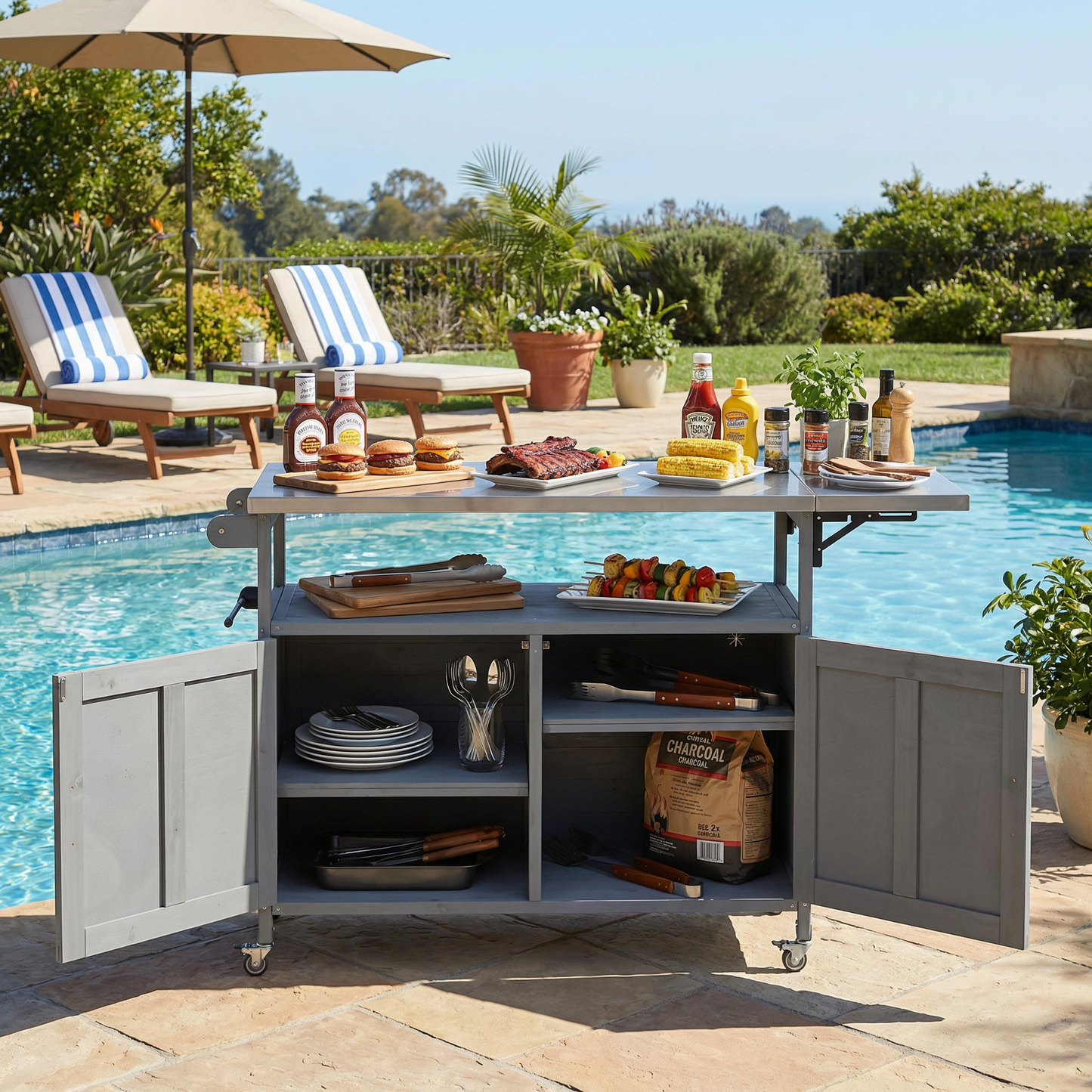 Grey Foldable Outdoor Kitchen Island - Mobile Patio Cart Storage