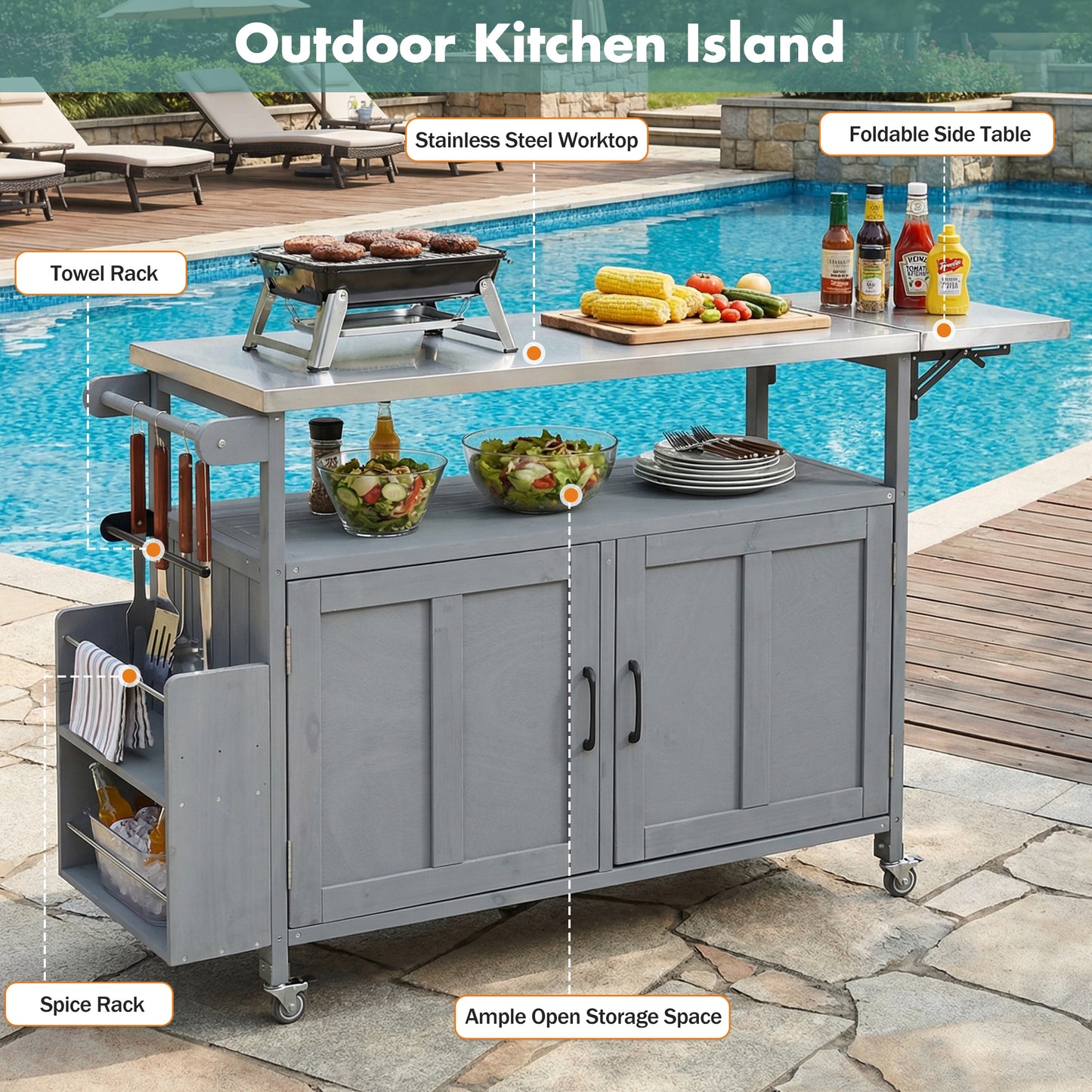 Grey Foldable Outdoor Kitchen Island - Mobile Patio Cart Storage