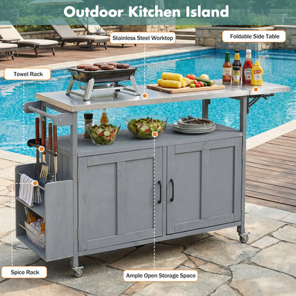 Grey Foldable Outdoor Kitchen Island - Mobile Patio Cart Storage