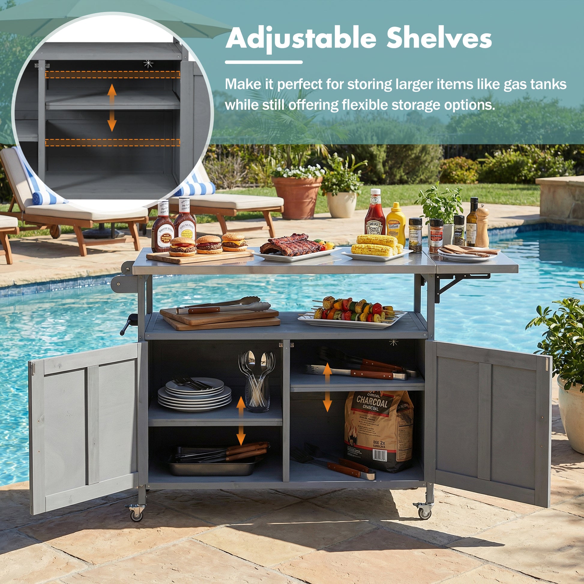 Grey Foldable Outdoor Kitchen Island - Mobile Patio Cart Storage
