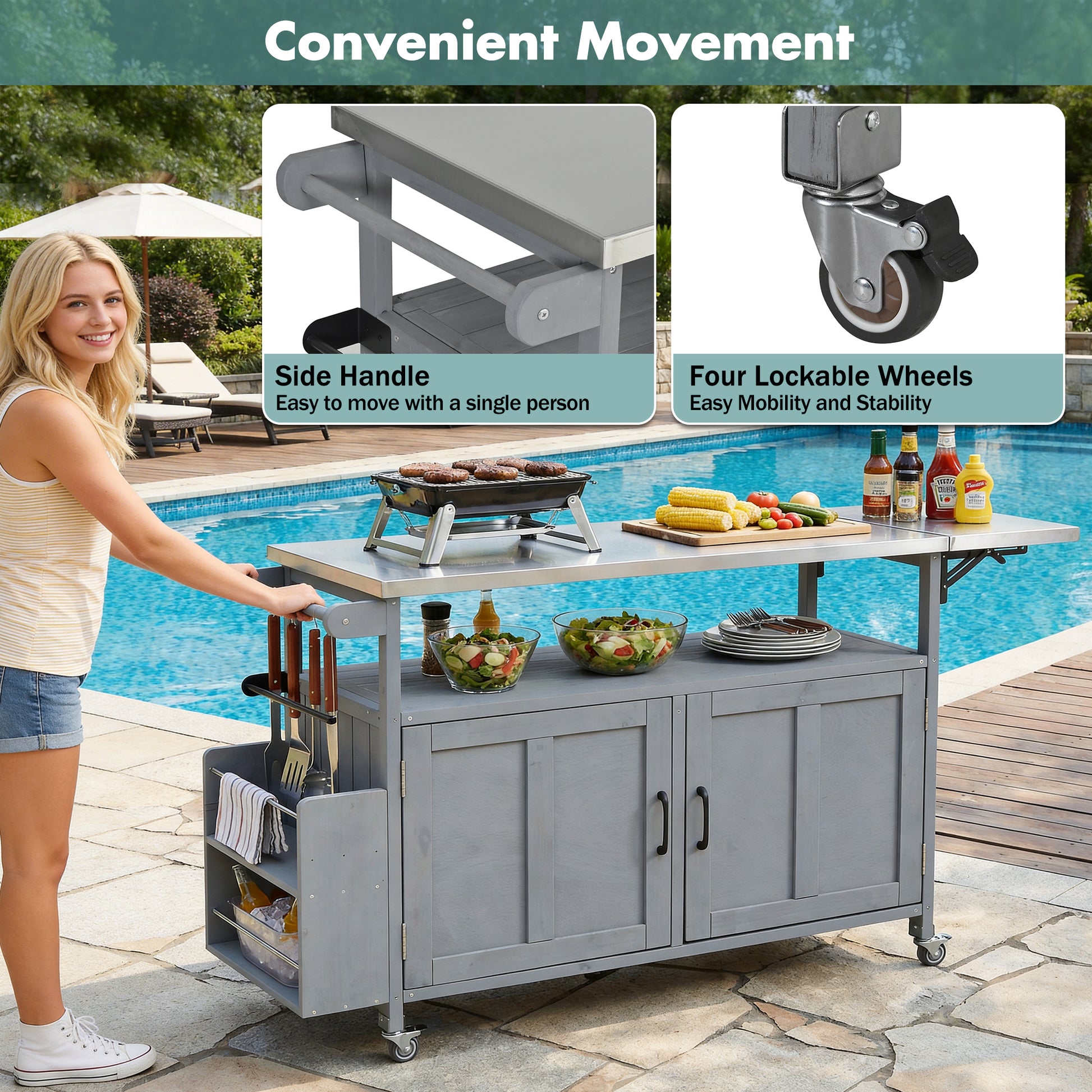 Grey Foldable Outdoor Kitchen Island - Mobile Patio Cart Storage