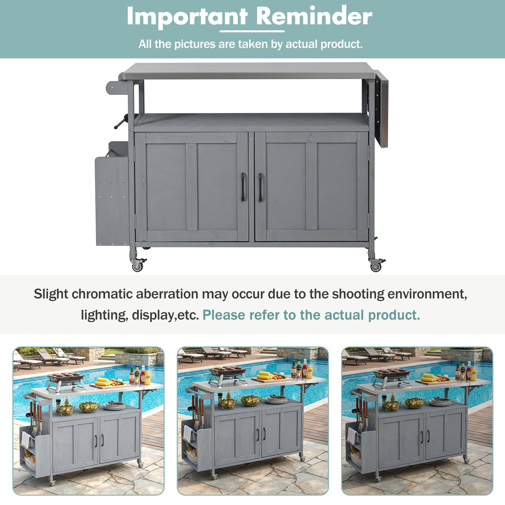 Grey Foldable Outdoor Kitchen Island - Mobile Patio Cart Storage
