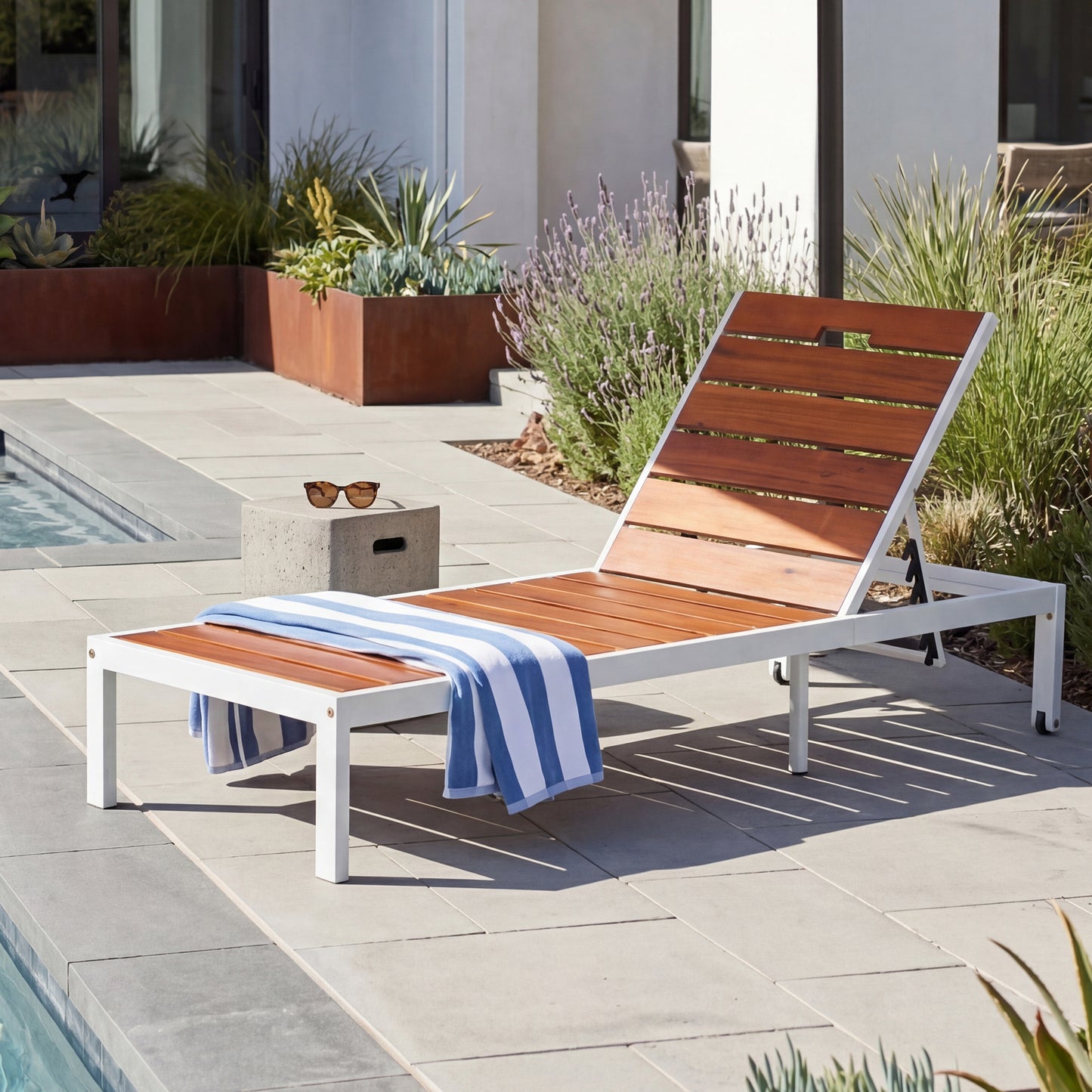 Brown & White Acacia Wood Patio Chaise Lounge
