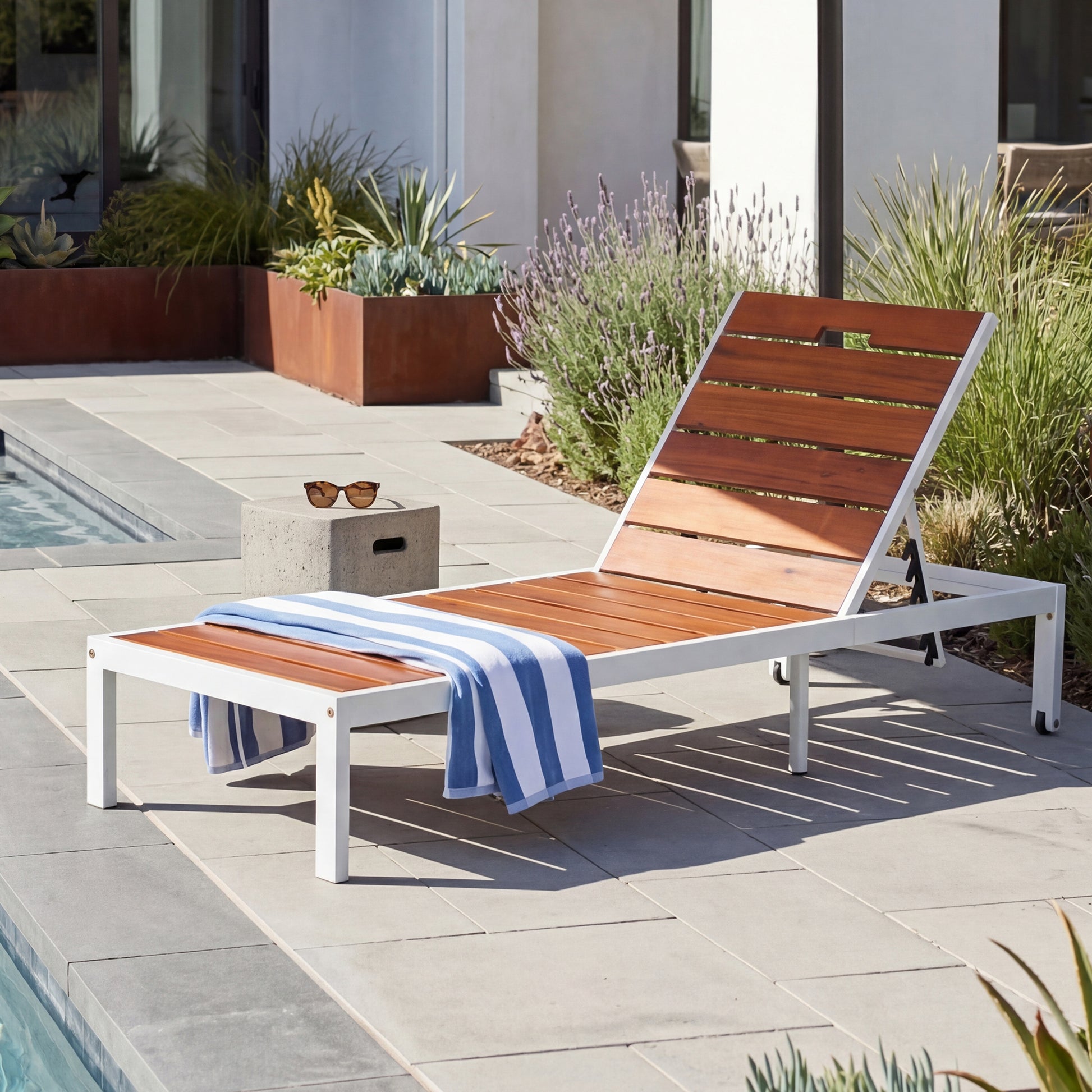 Brown & White Acacia Wood Patio Chaise Lounge