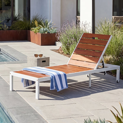 Brown & White Acacia Wood Patio Chaise Lounge