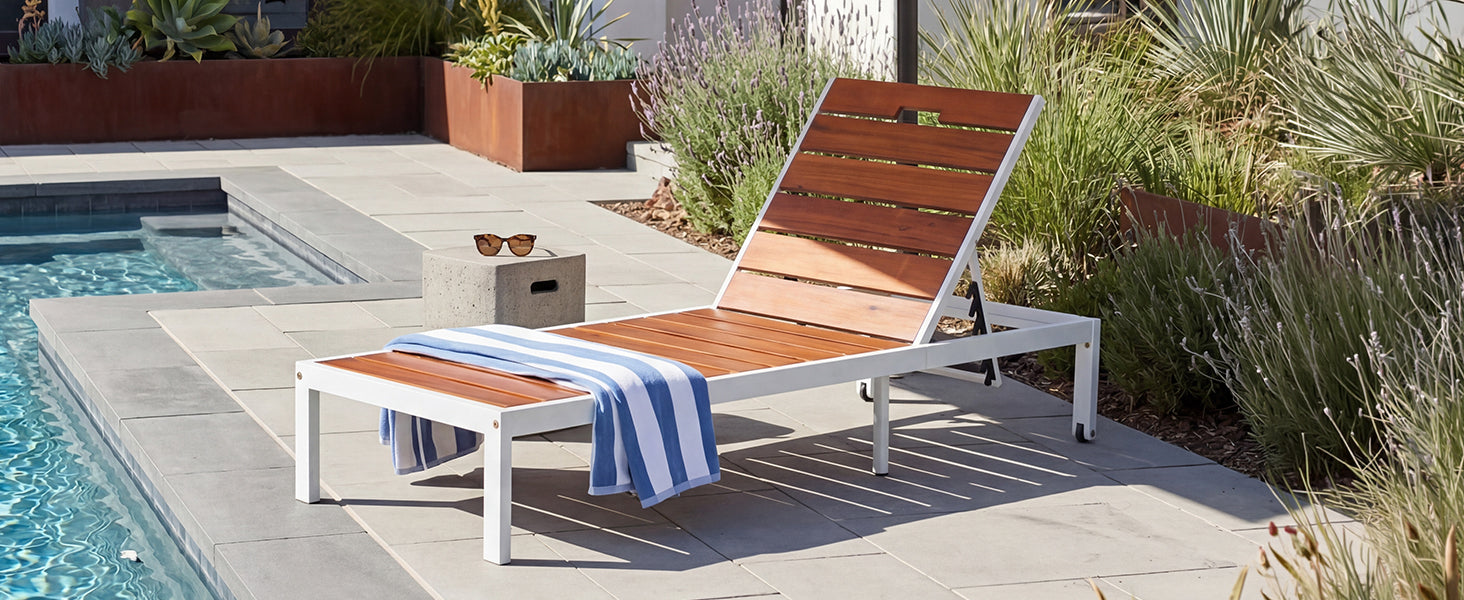 Brown & White Acacia Wood Patio Chaise Lounge