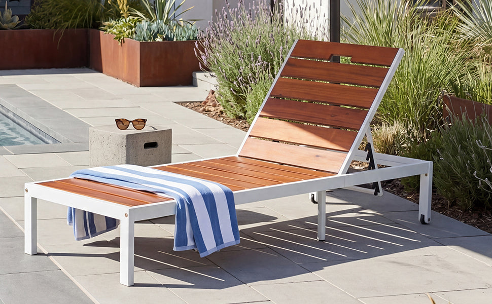 Brown & White Acacia Wood Patio Chaise Lounge
