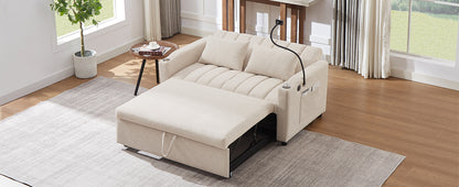 Beige Convertible Sofa Bed Loveseat with USB Ports and Storage for Living Room
