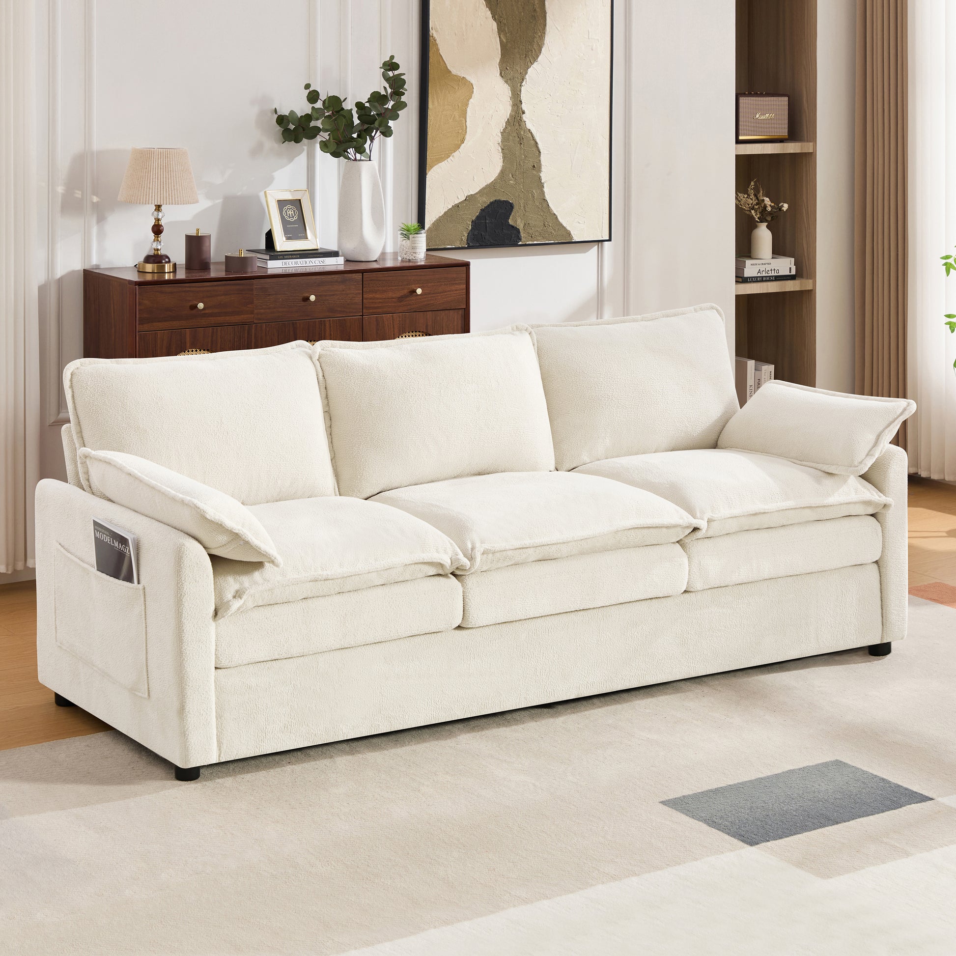Modern 3-seater Sofa Soft 88.2" Plush Upholstered Sofa Couch with Double-Layer Cushion and Side Storage Pockets for Living Room, Bedroom, Apartment and Small Space, Beige