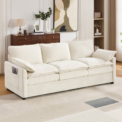 Modern 3-seater Sofa Soft 88.2" Plush Upholstered Sofa Couch with Double-Layer Cushion and Side Storage Pockets for Living Room, Bedroom, Apartment and Small Space, Beige