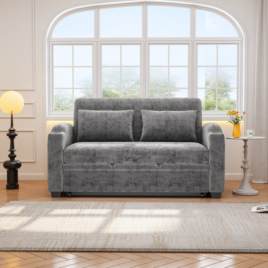 61.6" Pull Out Sofa Bed Modern Chenille Convertible Loveseat Sofa with Adjsutable Backrest, 2 Pillows, Cup Holders, USB Ports for Living Room, Apartment (Old SKU:WF307725AAE), Gray
