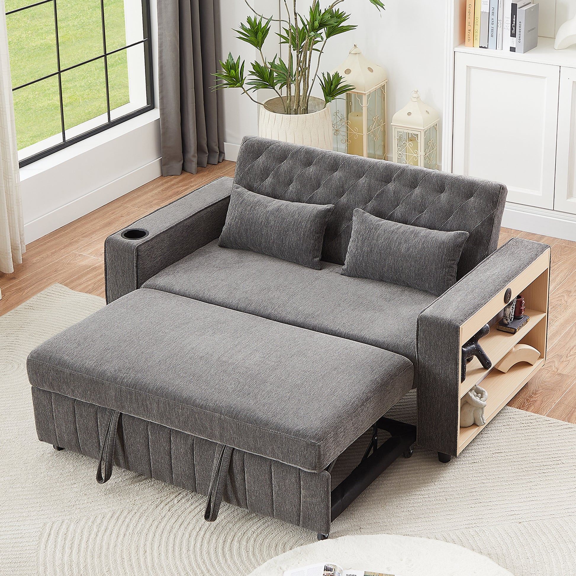 61.4" Pull-out Sofa Bed Convertible Couch Loveseat Sofa Modern Sleeper Sofa with Adjustable Backrest for Living Room, Grey