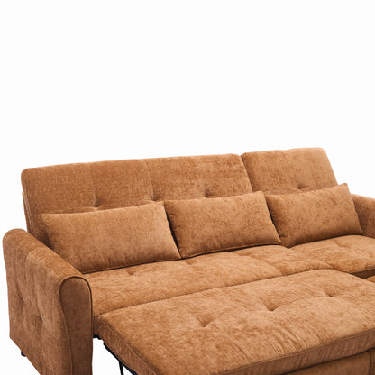 2-in-1 Orange Chenille Sofa with Sleeper & Recliner - 82" Three Seater