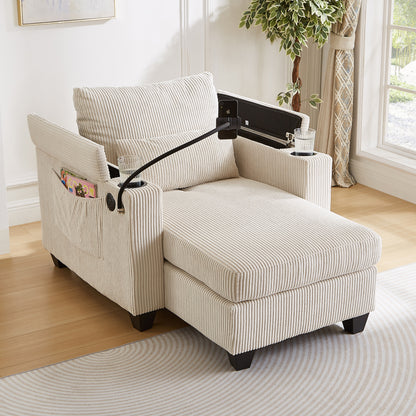 Convertible Chaise Lounge 37.4" Sofa Chair Sofa Bed Corduroy Sleeper Sofa with USB Ports , Two Cup Holders, Phone Holder and Ample Storage Space for Living Room and Bedroom, Beige