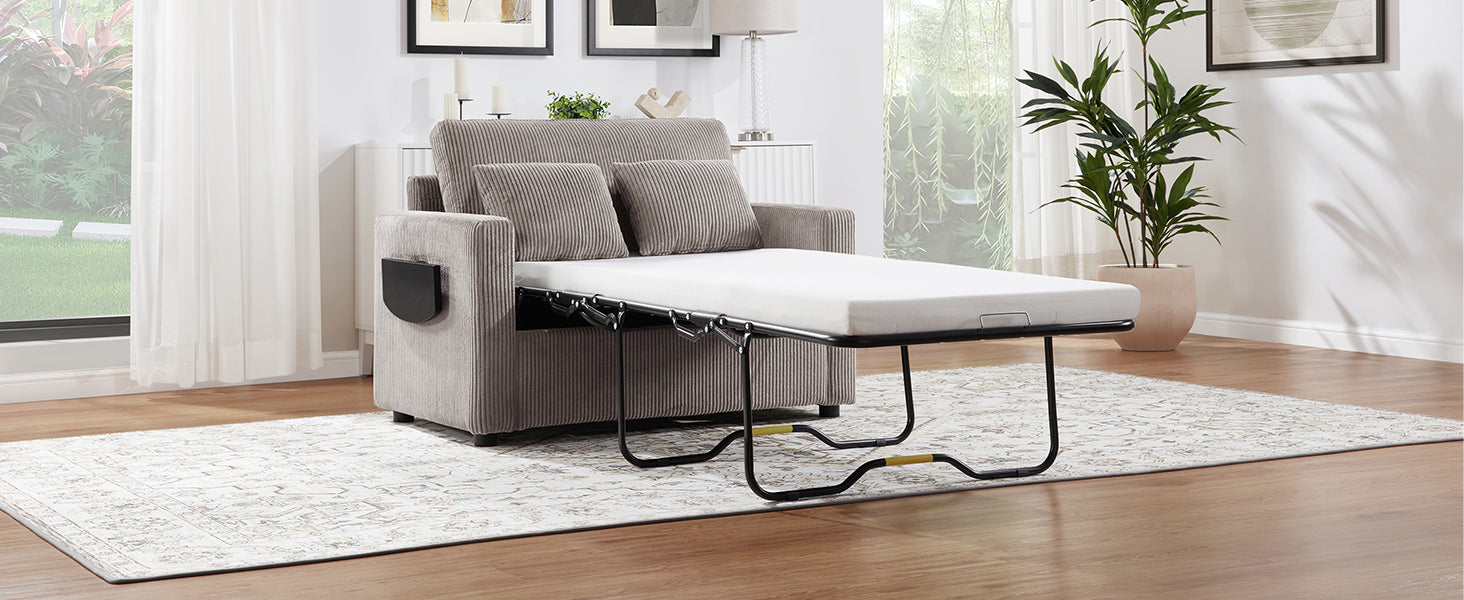 Grey+Brown Corduroy Sleeper Sofa - Twin Size Sofa Bed for Living Room
