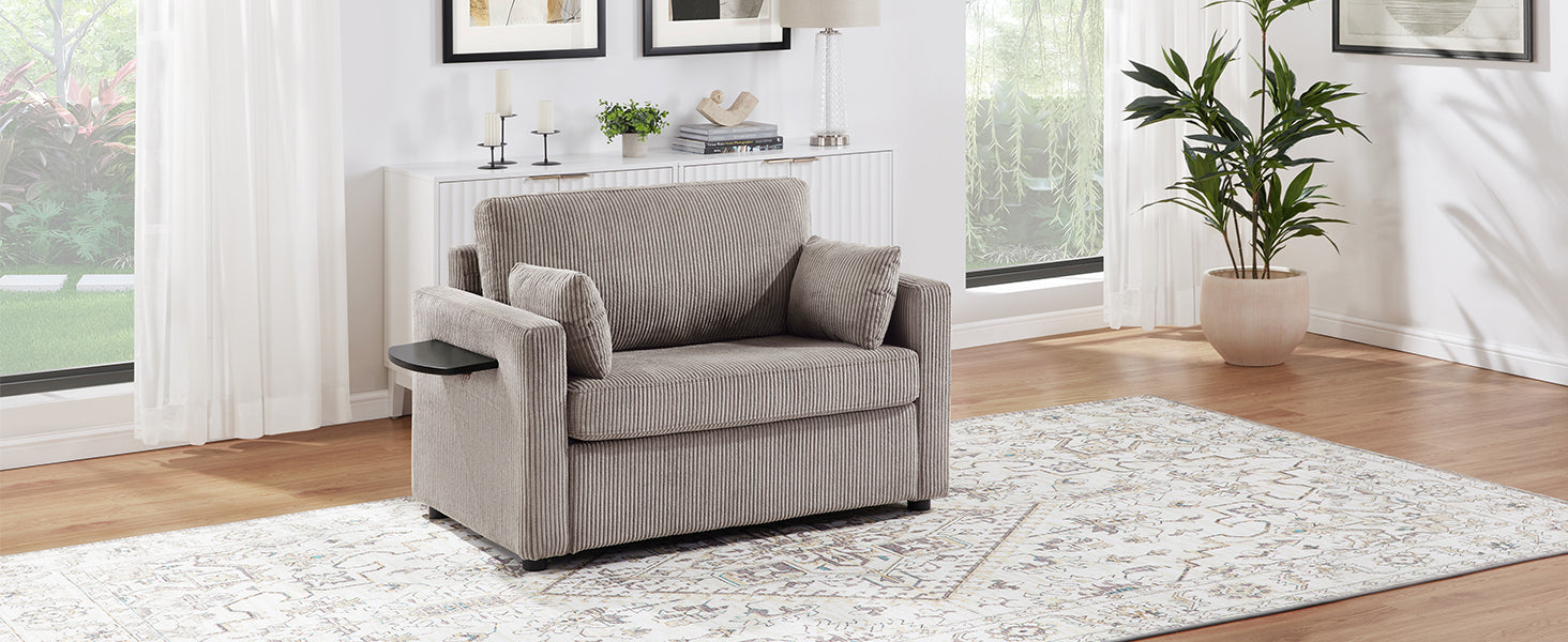 Grey+Brown Corduroy Sleeper Sofa - Twin Size Sofa Bed for Living Room