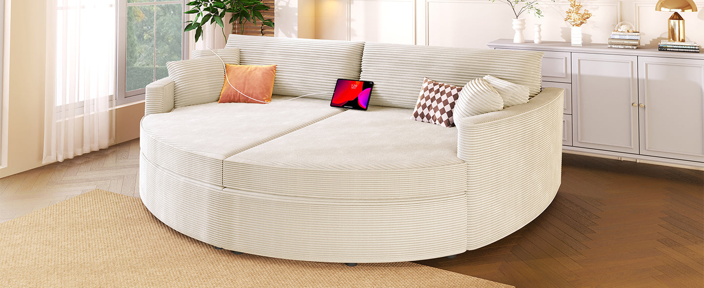 Beige Corduroy Double Chaise Sofa - 102" Loveseat with USB Ports