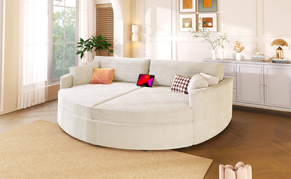 Beige Corduroy Double Chaise Sofa - 102" Loveseat with USB Ports