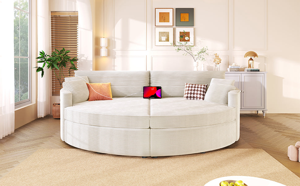 Beige Corduroy Double Chaise Sofa - 102" Loveseat with USB Ports
