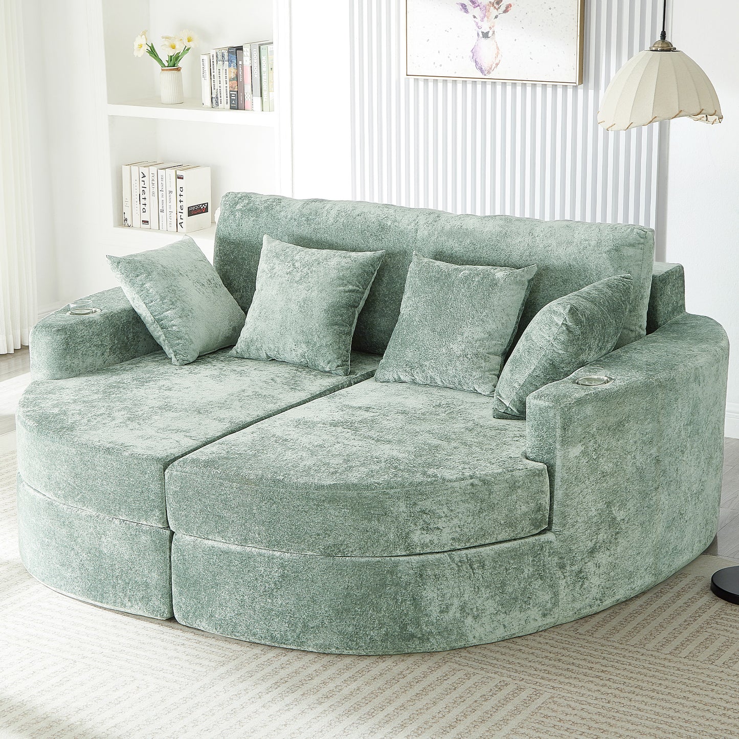 Full-Compressed Chaise Sofa 80" Curved Chaise Lounge Sofa Boneless Couch Upholstered Sofa Bed with Two Cup Holders for Living Room, Green