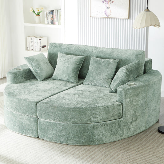 Full-Compressed Chaise Sofa 80" Curved Chaise Lounge Sofa Boneless Couch Upholstered Sofa Bed with Two Cup Holders for Living Room, Green