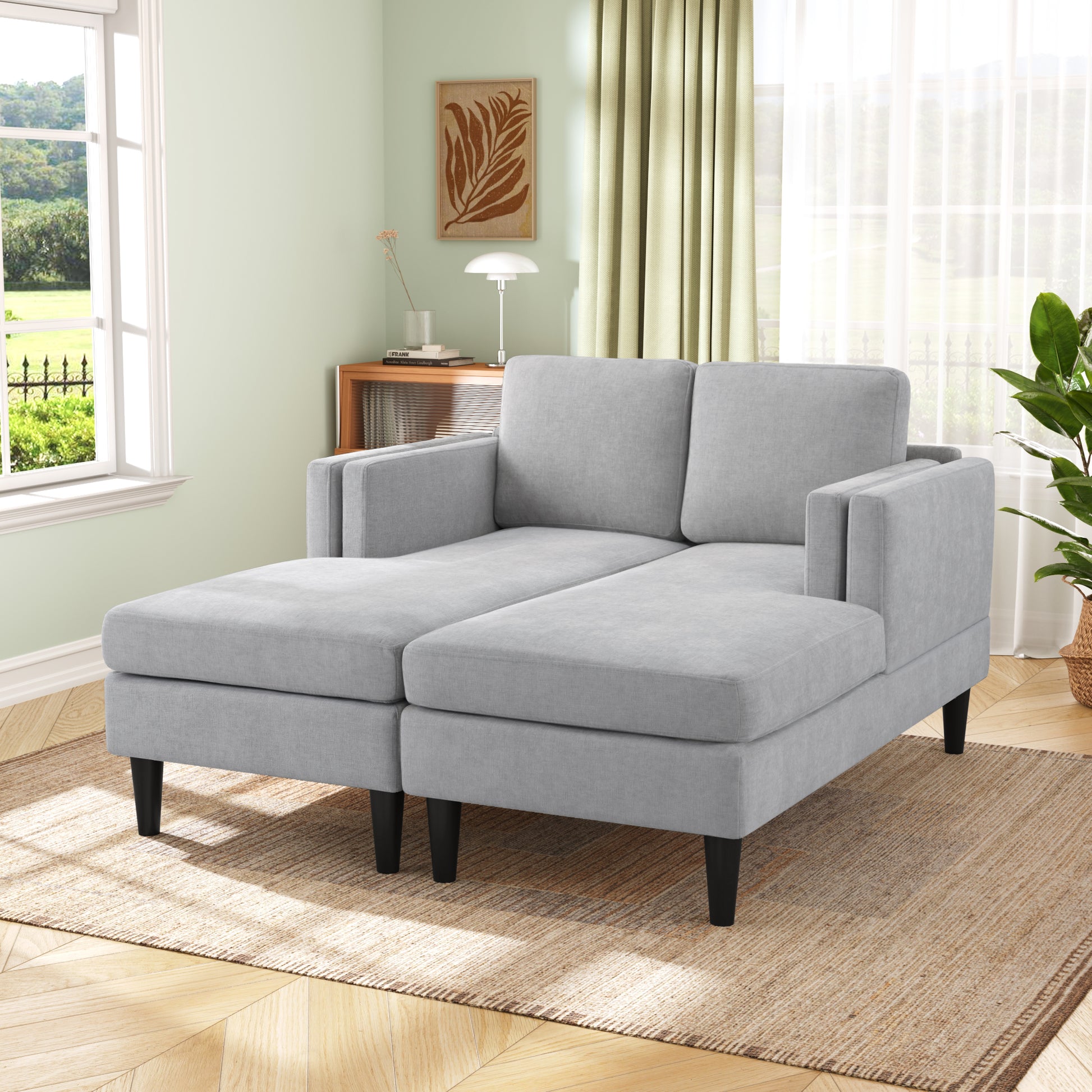 Modern Chaise Lounge Sofa Bed 53.5" Upholstered Sofa Couch Free-combined Sofa Chaise with Dual-Layer Armrests for Living Room, Grey