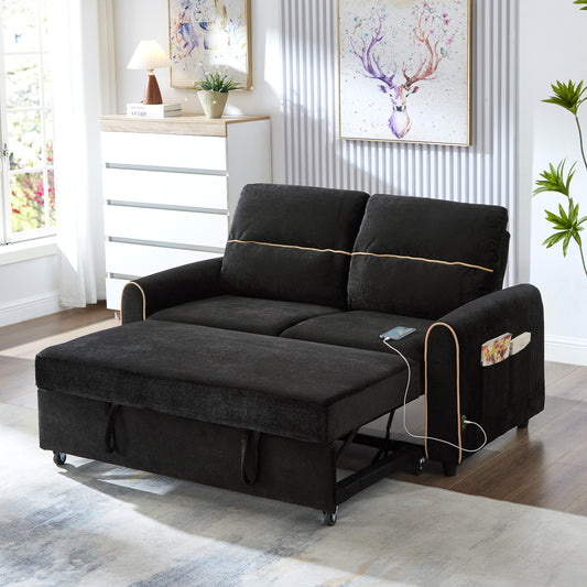 Black Chenille Sofa Bed - 2 Seat Sleeper with Storage for Living Room