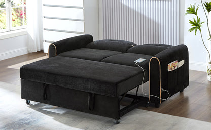 Black Chenille Sofa Bed - 2 Seat Sleeper with Storage for Living Room
