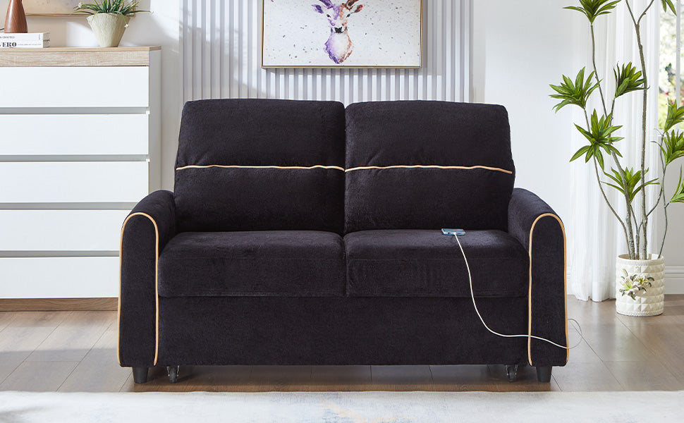 Black Chenille Sofa Bed - 2 Seat Sleeper with Storage for Living Room