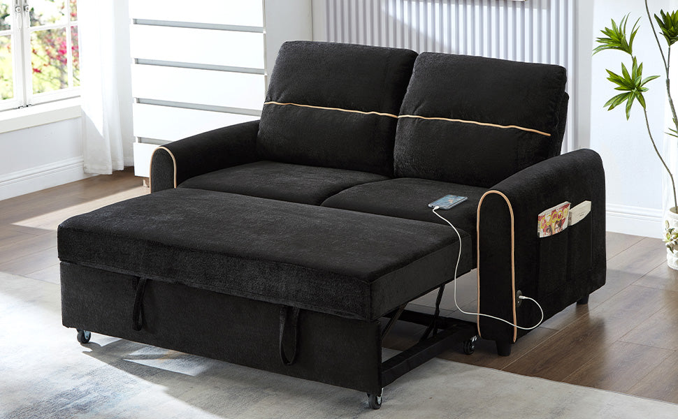 Black Chenille Sofa Bed - 2 Seat Sleeper with Storage for Living Room