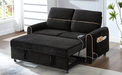 Black Chenille Sofa Bed - 2 Seat Sleeper with Storage for Living Room