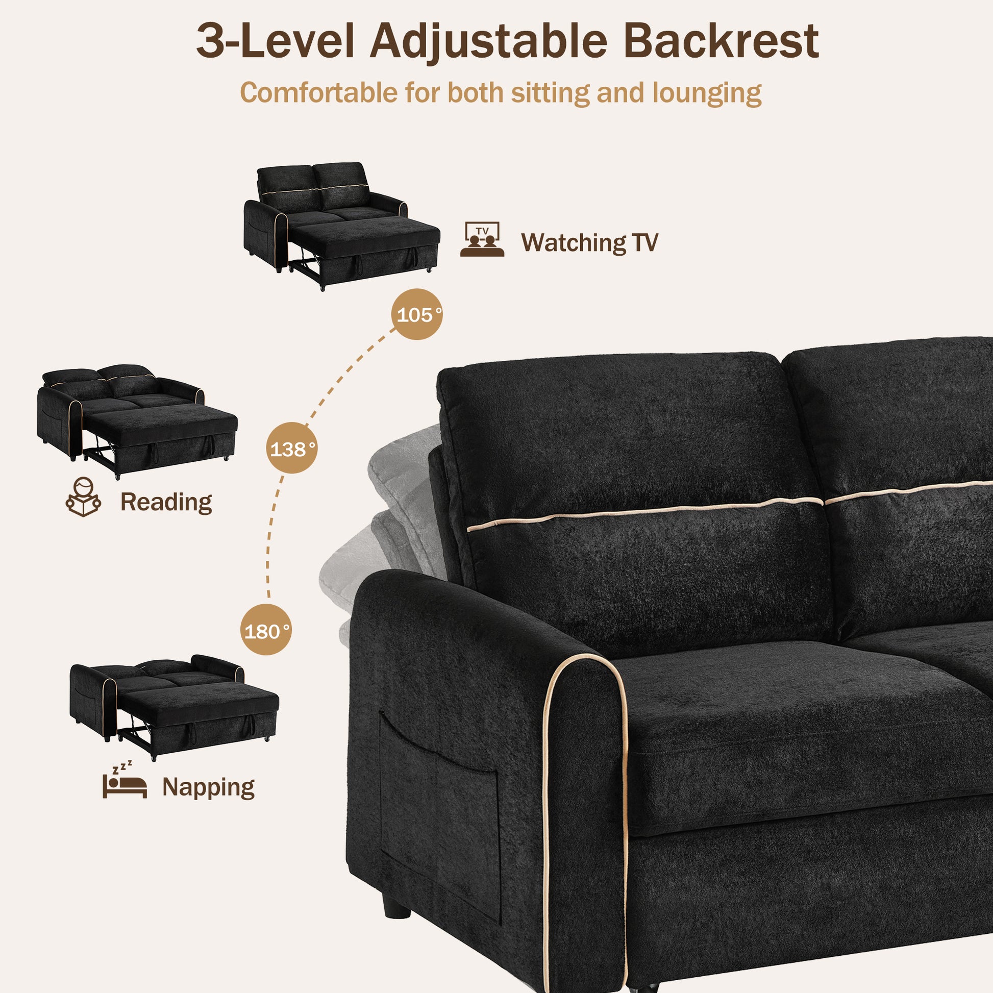Black Chenille Sofa Bed - 2 Seat Sleeper with Storage for Living Room