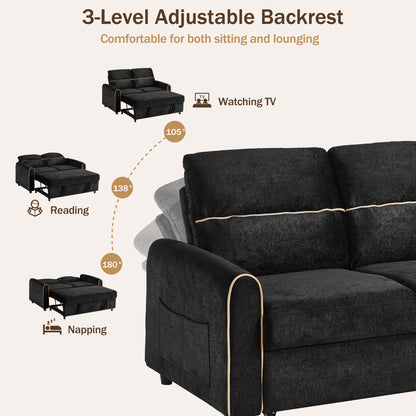 Black Chenille Sofa Bed - 2 Seat Sleeper with Storage for Living Room