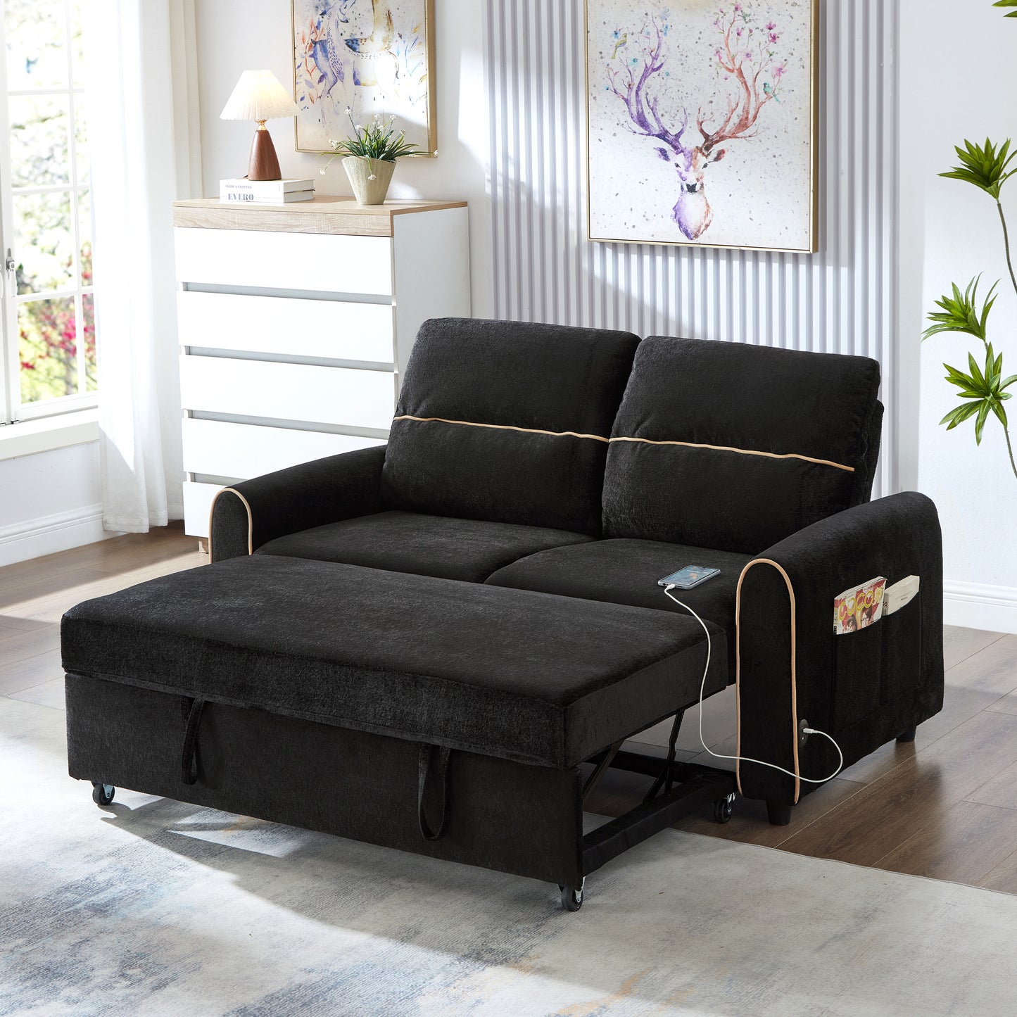 Chenille Pull Out Sofa Bed, 58-inch Sofa Bed, Sleeper Sofa, Loveseat Sofa  with Adjustable 3 -Position Backrest, 4 Side Pockets and Charging Ports for Living Room, Black