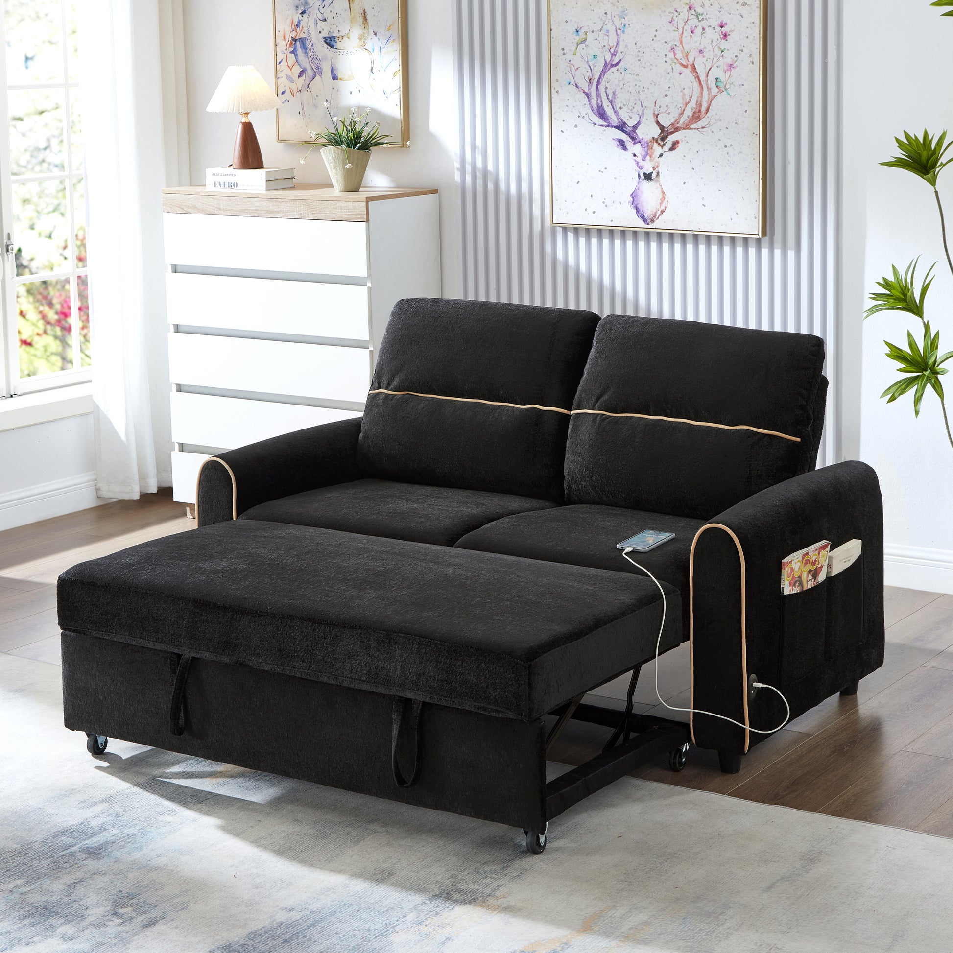 Chenille Pull Out Sofa Bed, 58-inch Sofa Bed, Sleeper Sofa, Loveseat Sofa  with Adjustable 3 -Position Backrest, 4 Side Pockets and Charging Ports for Living Room, Black