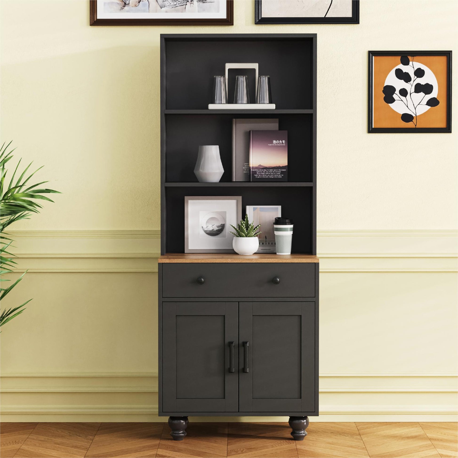 Living Room Black Natural Farmhouse Storage Cabinet - 63" Tall Bookshelf with Drawer