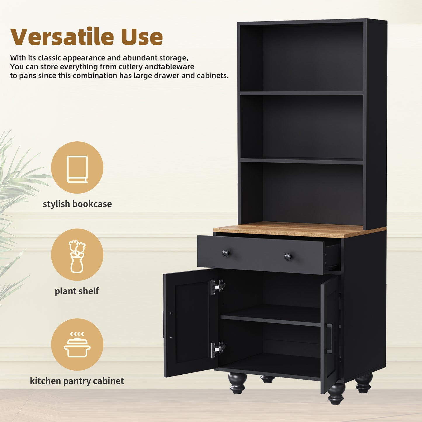 Living Room Black Natural Farmhouse Storage Cabinet - 63" Tall Bookshelf with Drawer