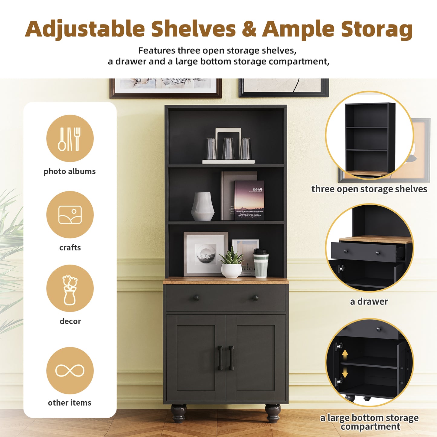 Living Room Black Natural Farmhouse Storage Cabinet - 63" Tall Bookshelf with Drawer
