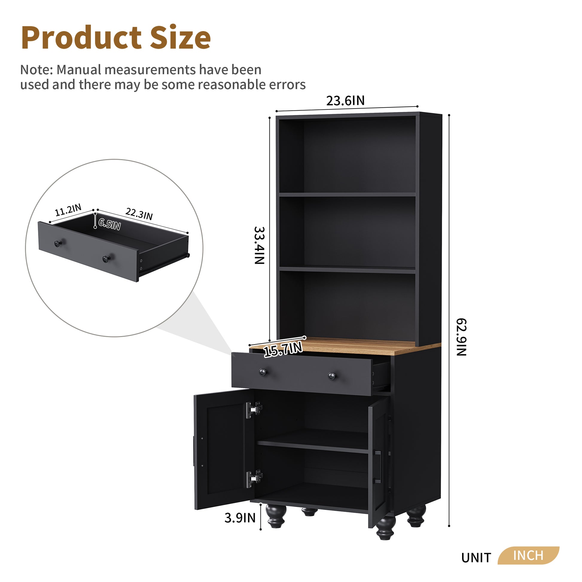 Living Room Black Natural Farmhouse Storage Cabinet - 63" Tall Bookshelf with Drawer