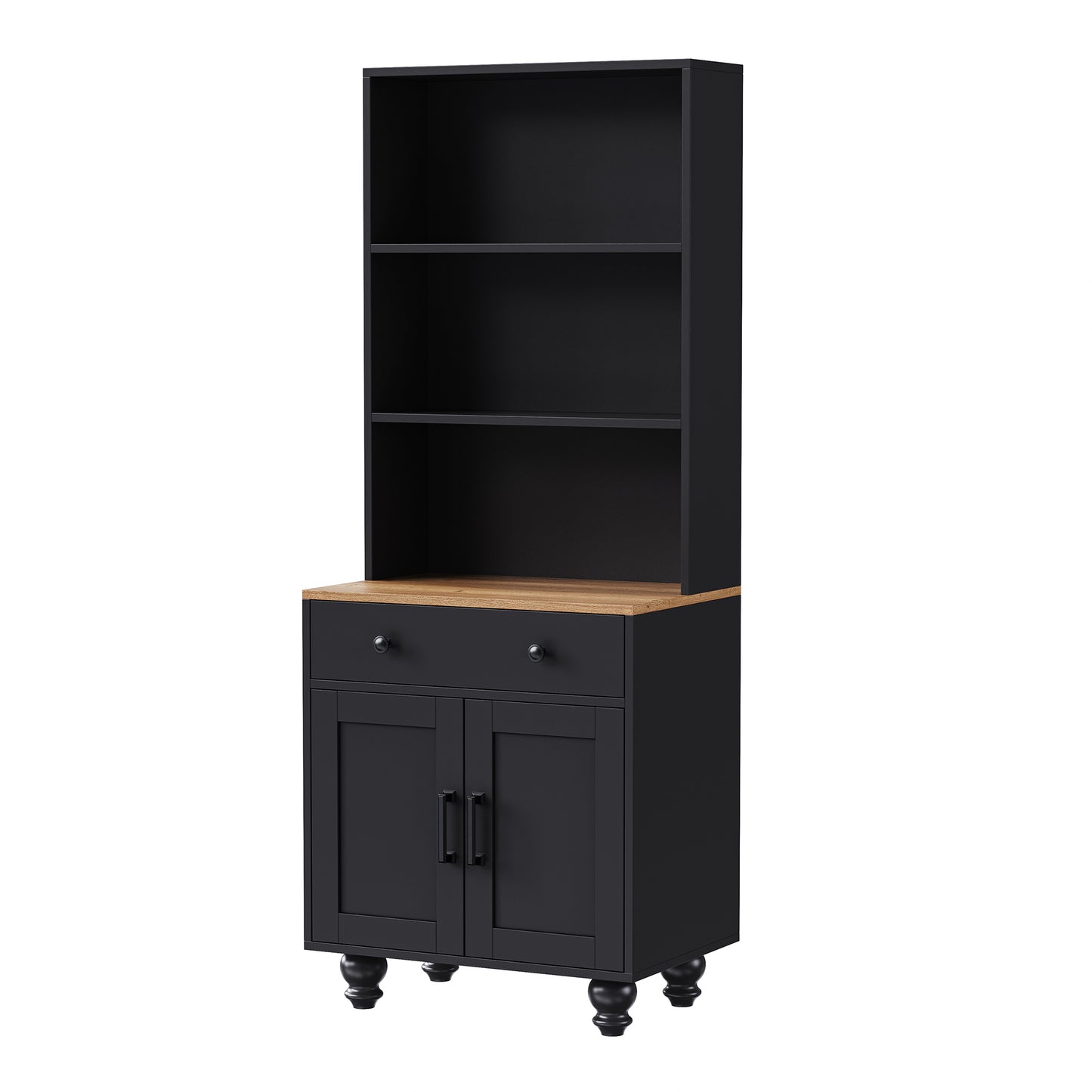Living Room Black Natural Farmhouse Storage Cabinet - 63" Tall Bookshelf with Drawer