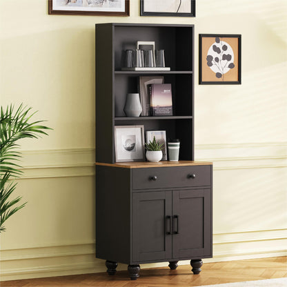 ON-TREND Farmhouse Storage Cabinet with 4 Solid Wood Gourd-Shaped Legs, Modern Kitchen Pantry Cabinet with Adjustable Shelves, 5 Tier Bookshelf with Drawer for Living Room, Black