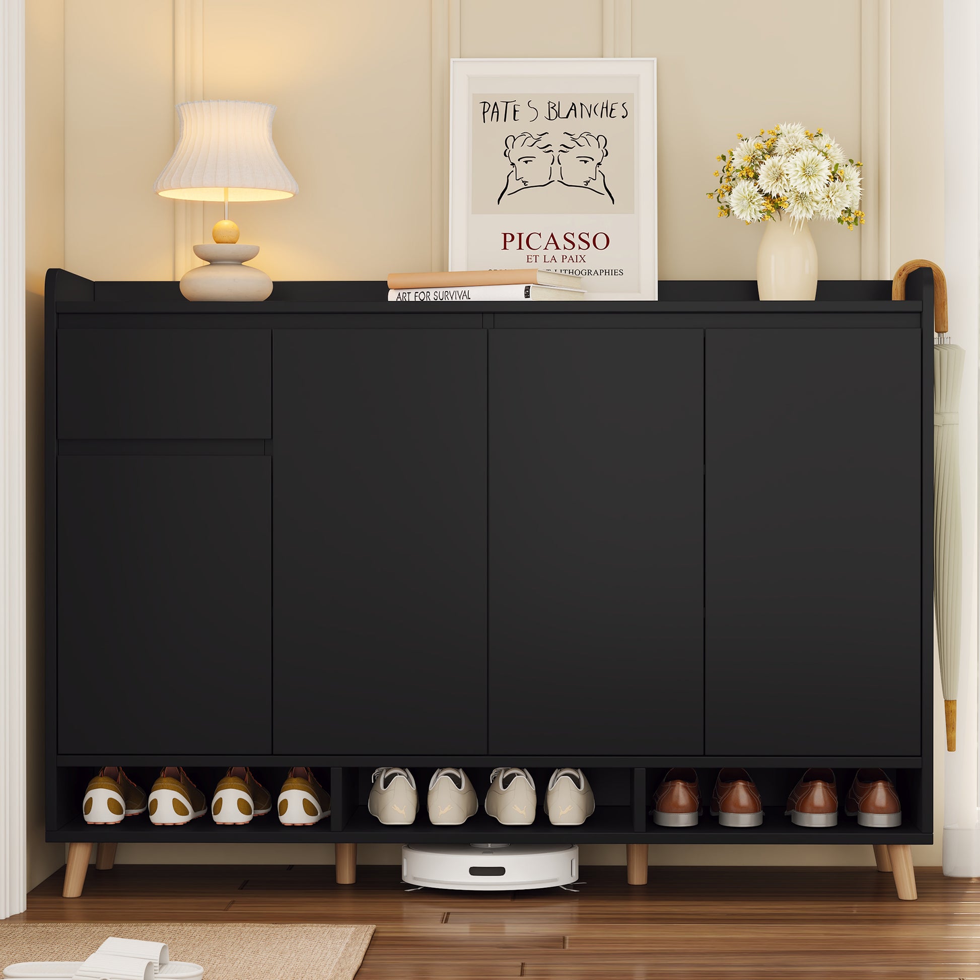 Black Shoe Cabinet with Adjustable Shelves - Storage Sideboard for Living Room