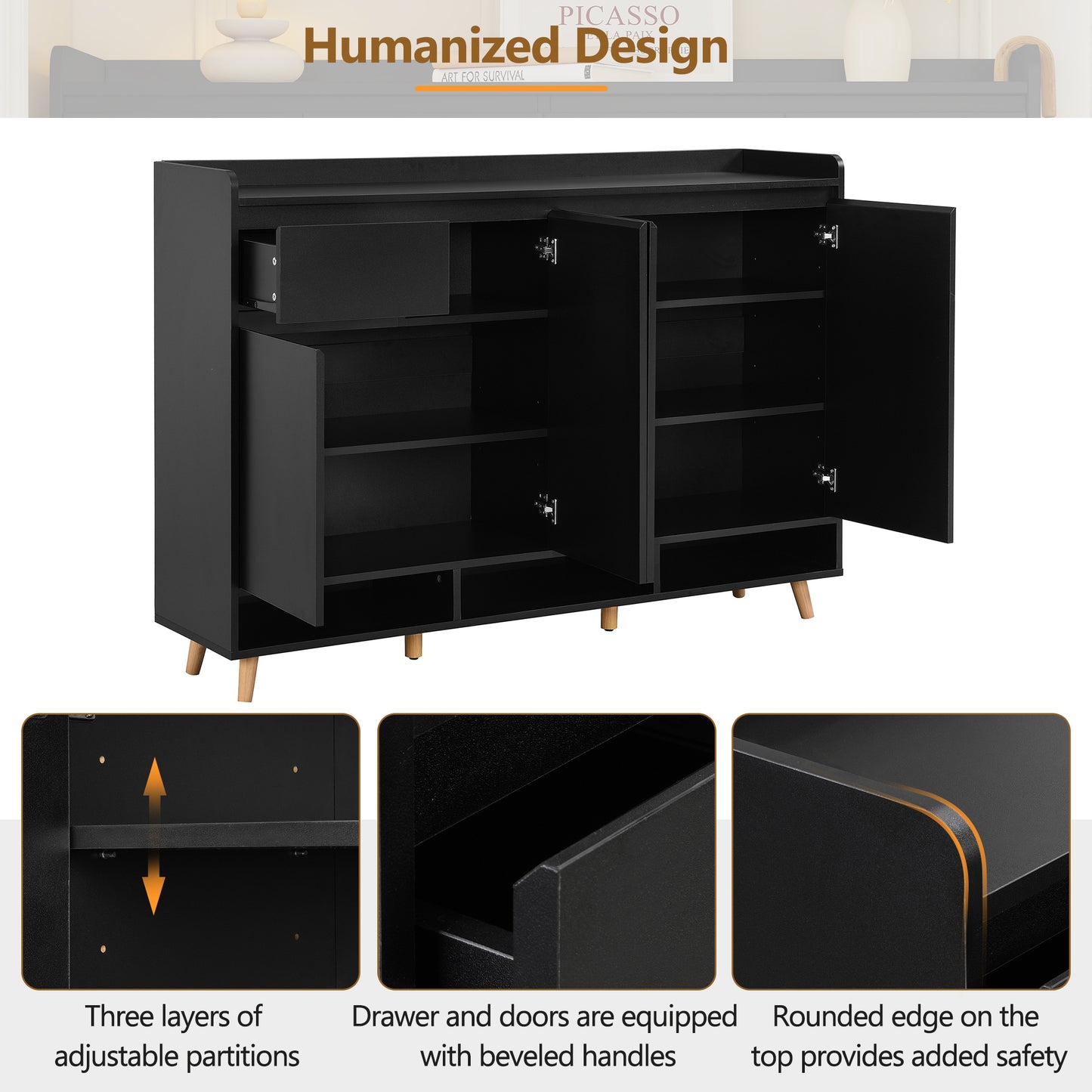Black Shoe Cabinet with Adjustable Shelves - Storage Sideboard for Living Room