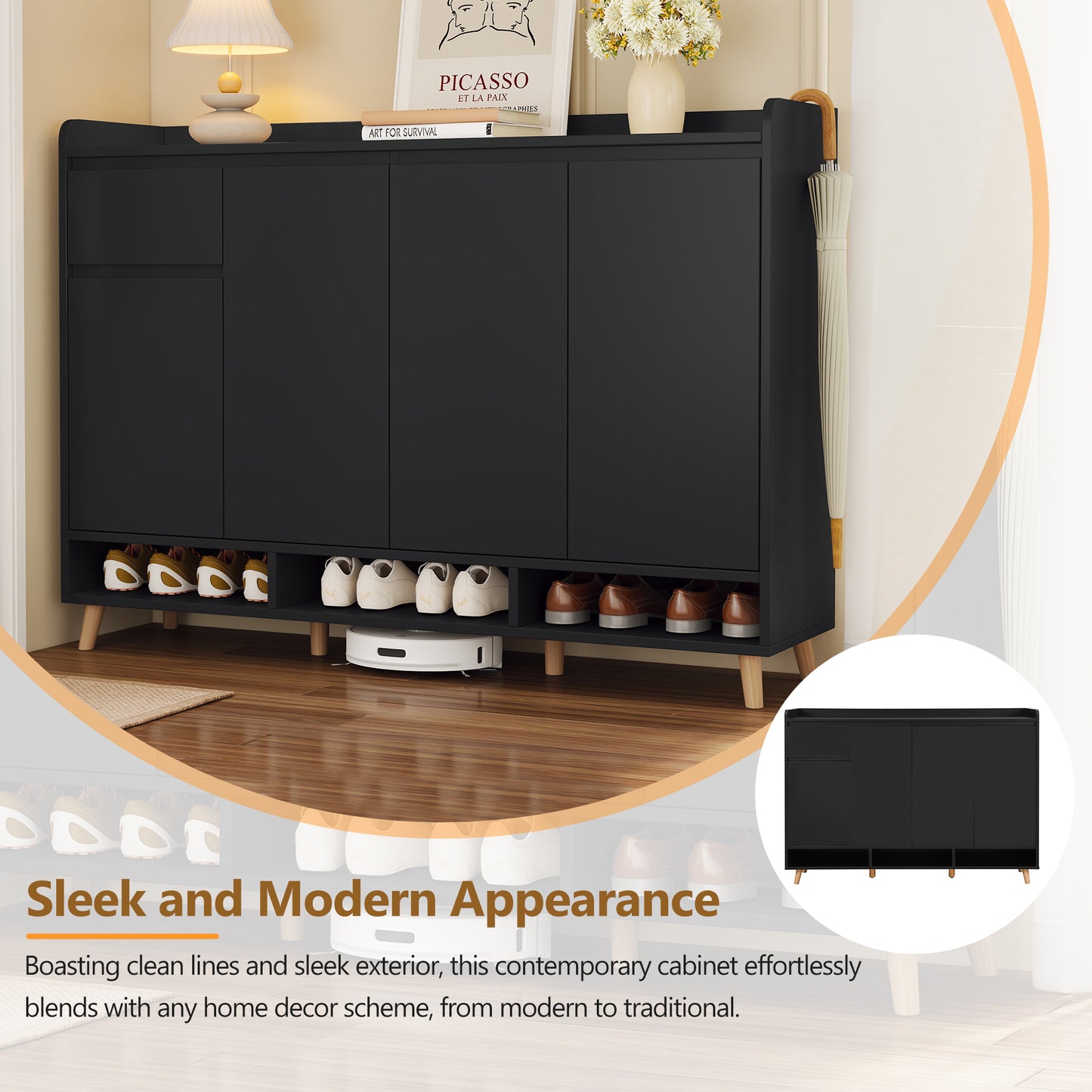 Black Shoe Cabinet with Adjustable Shelves - Storage Sideboard for Living Room